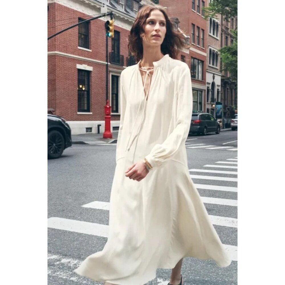 Zara Womens Midi Dress S Ivory Ecru Long Sleeve Split V-Neck Tie 3276/235 NWT